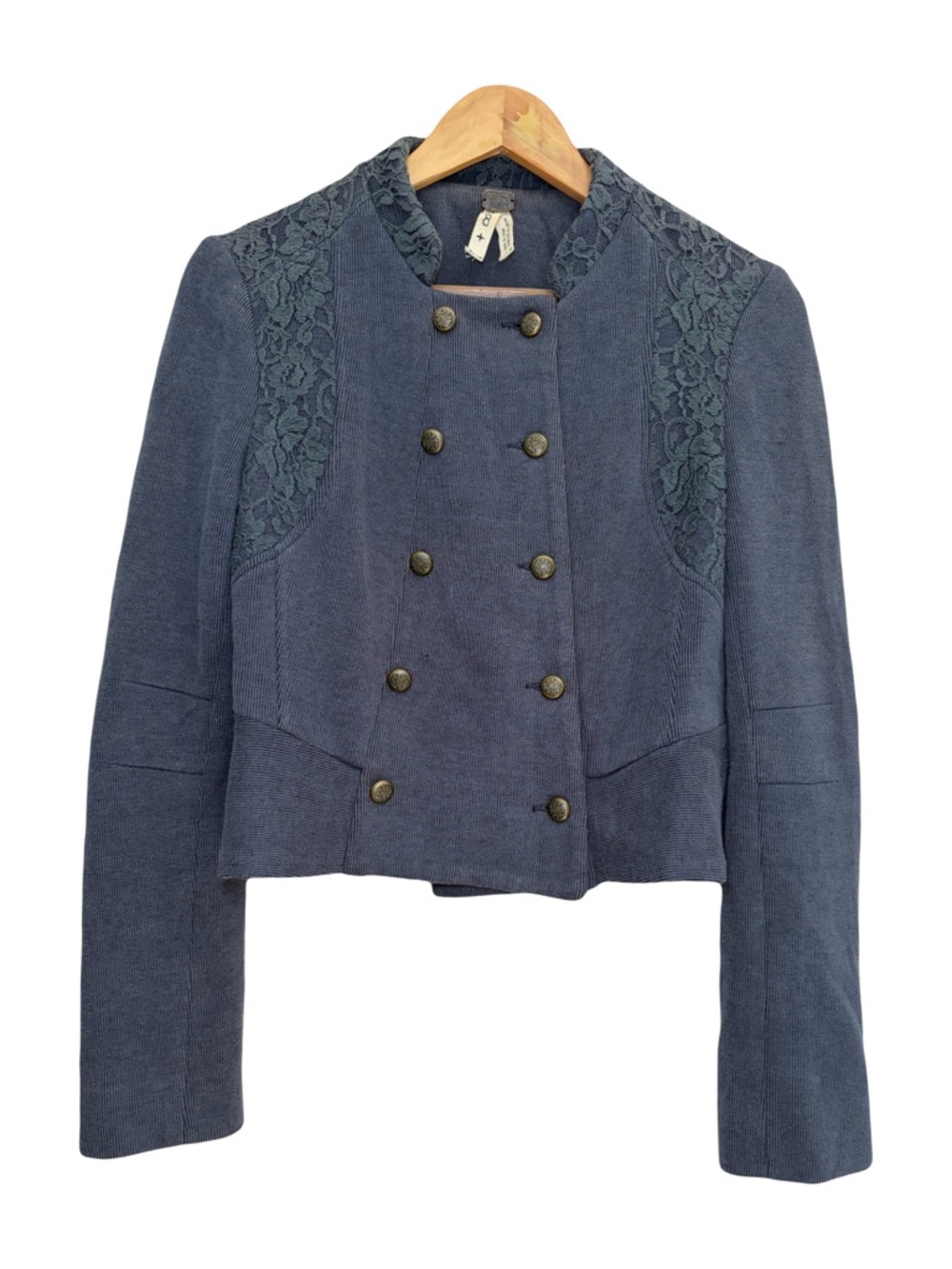 Free People Majorette Military Double Breasted Blazer Jacket Blue Knit Lace Sz 8